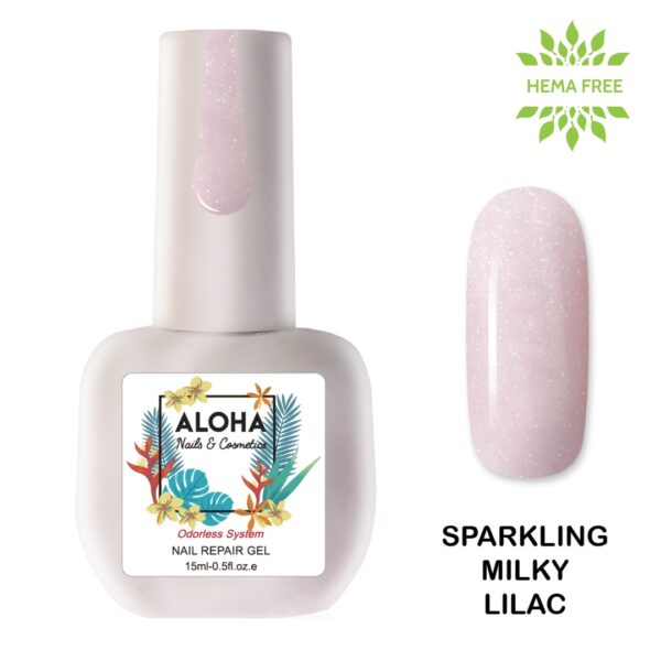 Aloha Ημιμόνιμο βερνίκι 15ml – Nail Repair Gel / Θεραπεία Ημιμόνιμου με πρωτεΐνες & χρώμα – Sparkling Milky Lilac