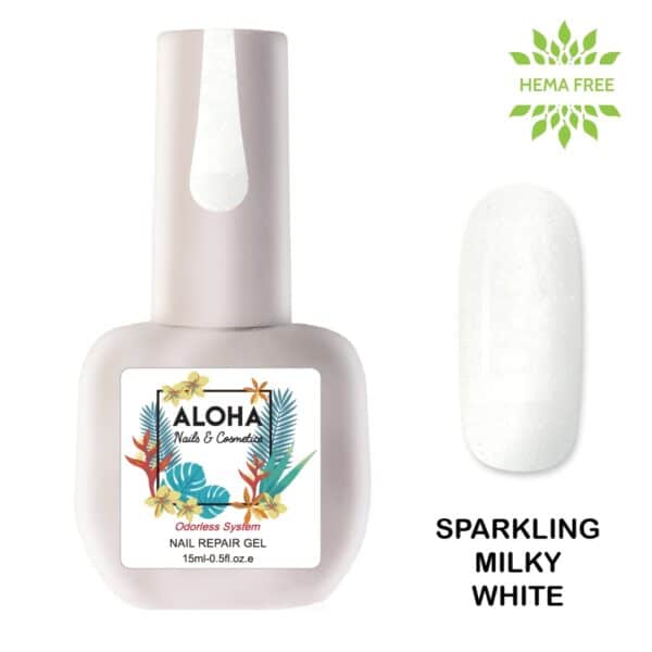 Aloha Ημιμόνιμο βερνίκι 15ml – Nail Repair Gel / Θεραπεία Ημιμόνιμου με πρωτεΐνες & χρώμα – Sparkling Milky White