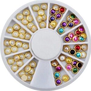 ALOHA Nail Art Wheel with white and colored pearls in a gold metal rim – Various colors