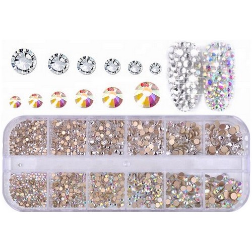 ALOHA 6 sizes Clear & Gold AB Crystals for nail decoration in a case - 1.440 pcs.