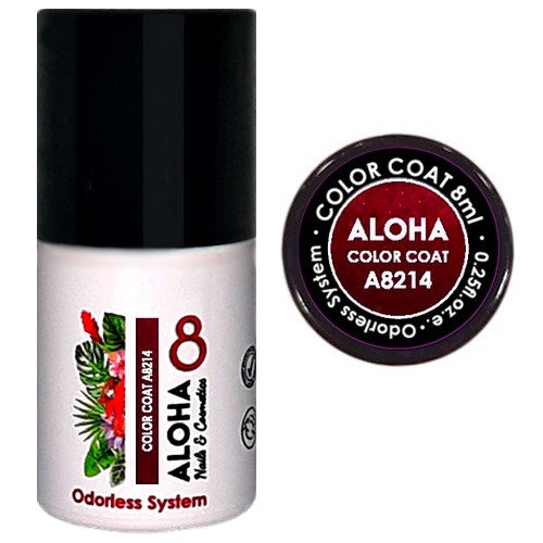 Ημιμόνιμο βερνίκι ALOHA 8ml – Color Coat A8214 / Χρώμα: Dark Ruby Red Metallic with Shimmer (Σκούρο Ρουμπινί Μεταλλικό με Shimmer)